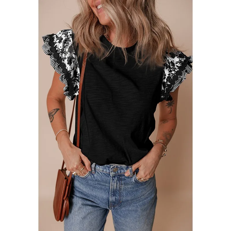 

2025 Summer Ruffles Patchwork Lace Casual T Shirt Women O Neck Short Sleeveless Slim Commute Street Pullovers Lady Tees