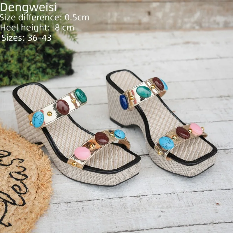 

Trend Bohemian Women's Sandals Wedge Casual Beach Women's Slippers Gemstone Decoration Open Toe Platform High Heel Woman's Shoes