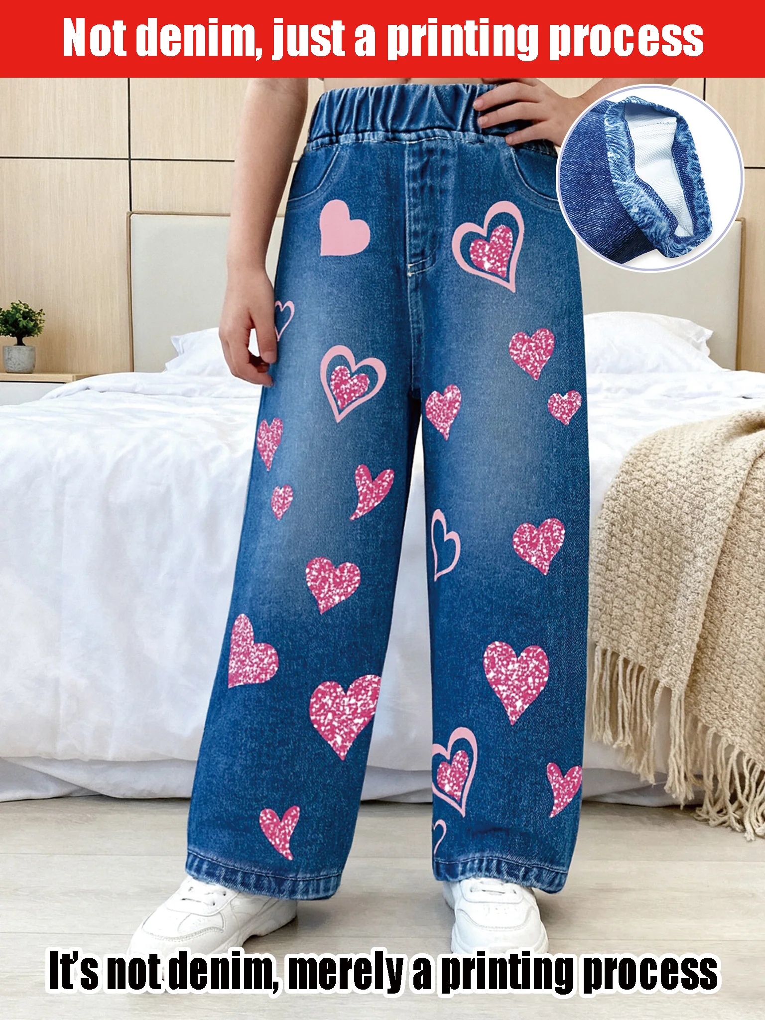 

2026Girls Pink High-Waisted Glitter Heart Wide Leg Faux Denim Pants Loose Straight Fit for Kids
