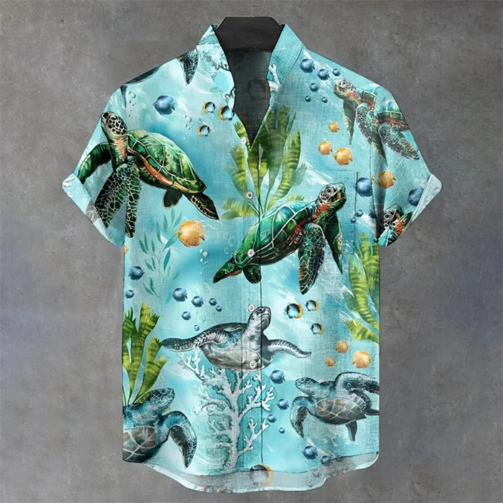 قميص كارديجان بياقة واقفة للرجال مطبوع عليه سلحفاة هاواي كاجوال من الكتان المسامي موضة الشارع مقاس كبير مع جيب #1