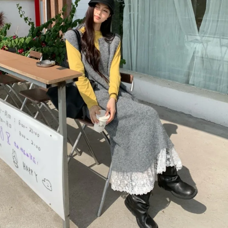 

Вязаный трикотаж с кружевом в стиле ретро Dr + универсальный многослойный свитер с высоким воротником, комплект из двух предметов, женский модный осенне-зимний ансамбль