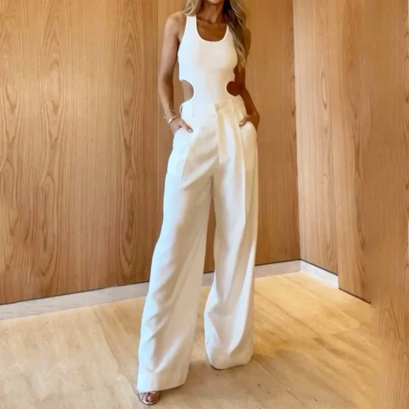 Fashion Solid Women Two Piece Set Sexy Hollow Out Sleeveless Rompers Cropped Tops Loose Pants Set Summer Lady Streetwear