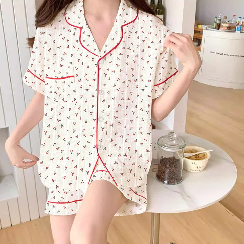 Korean Ins Sweet Fresh Simple Cherry Print Women\'s Pajamas Cotton Linen Wrinkled Cloth Sleepwear 2024 New Summer Y2k Nightgown