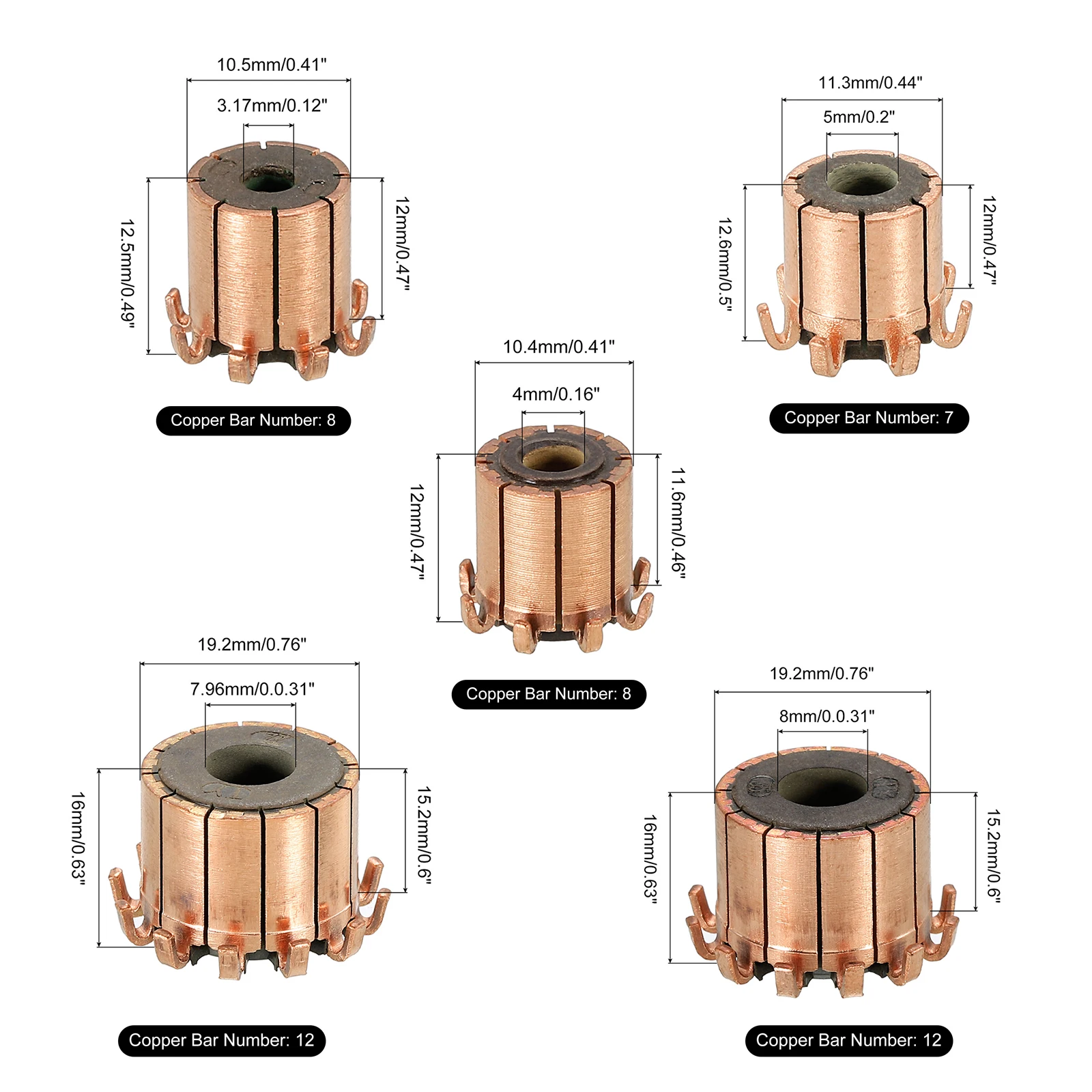 1Pcs Electric Motor Commutator 5x11.3 x12.6mm 7P 3.17x10.5x12.5/4x10.4x12mm 8P 7.96/8x19.2x16mm 12P Teeth Copper for Power Tools