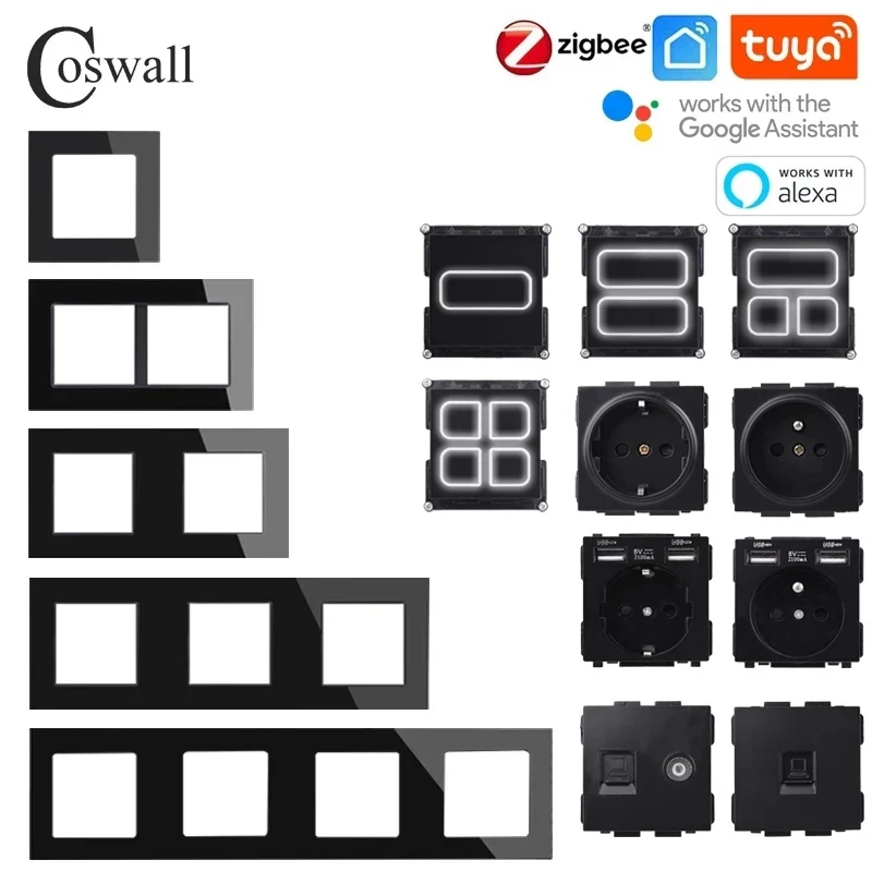 COSWALL Black Glass Panel Zigbee 3.0 Tuya 1/2/3/4 Gang Switch With Normal EU Socket USB Charger TV RJ45 Modules DIY Yandex