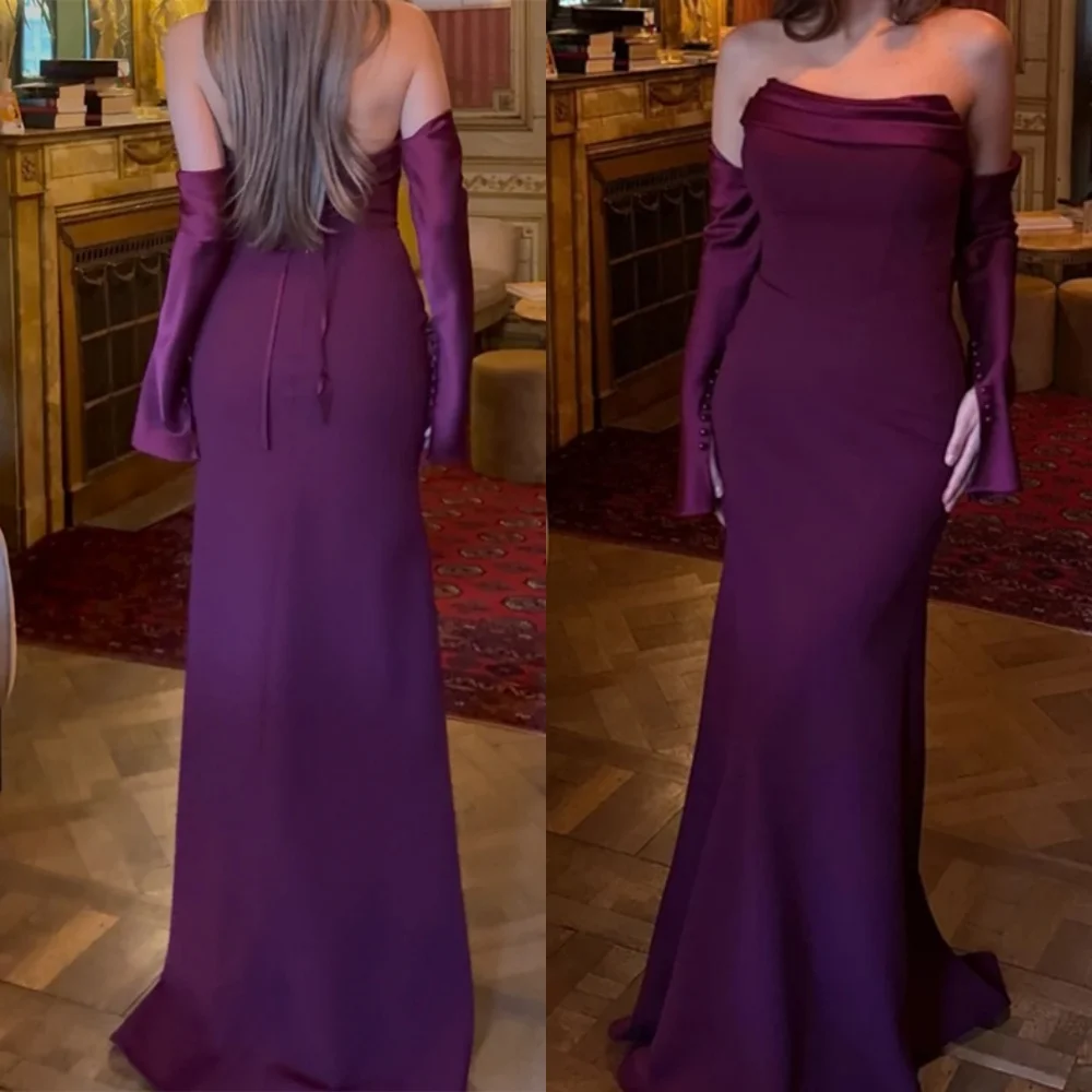 

Customized Temperament Purple Jersey Evening Dress High Quality Strapless Detachable Sleeve Celebrity Gowns Modern Party Dress