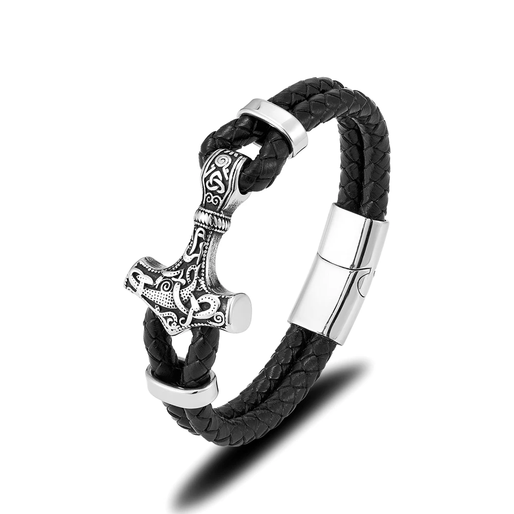 MKENDN Punk Men Vikings Style Genuine Leather Bracelet Braided Multilayer Stainless Steel Norse Thor\'s Hammer Mjolnir Bangles