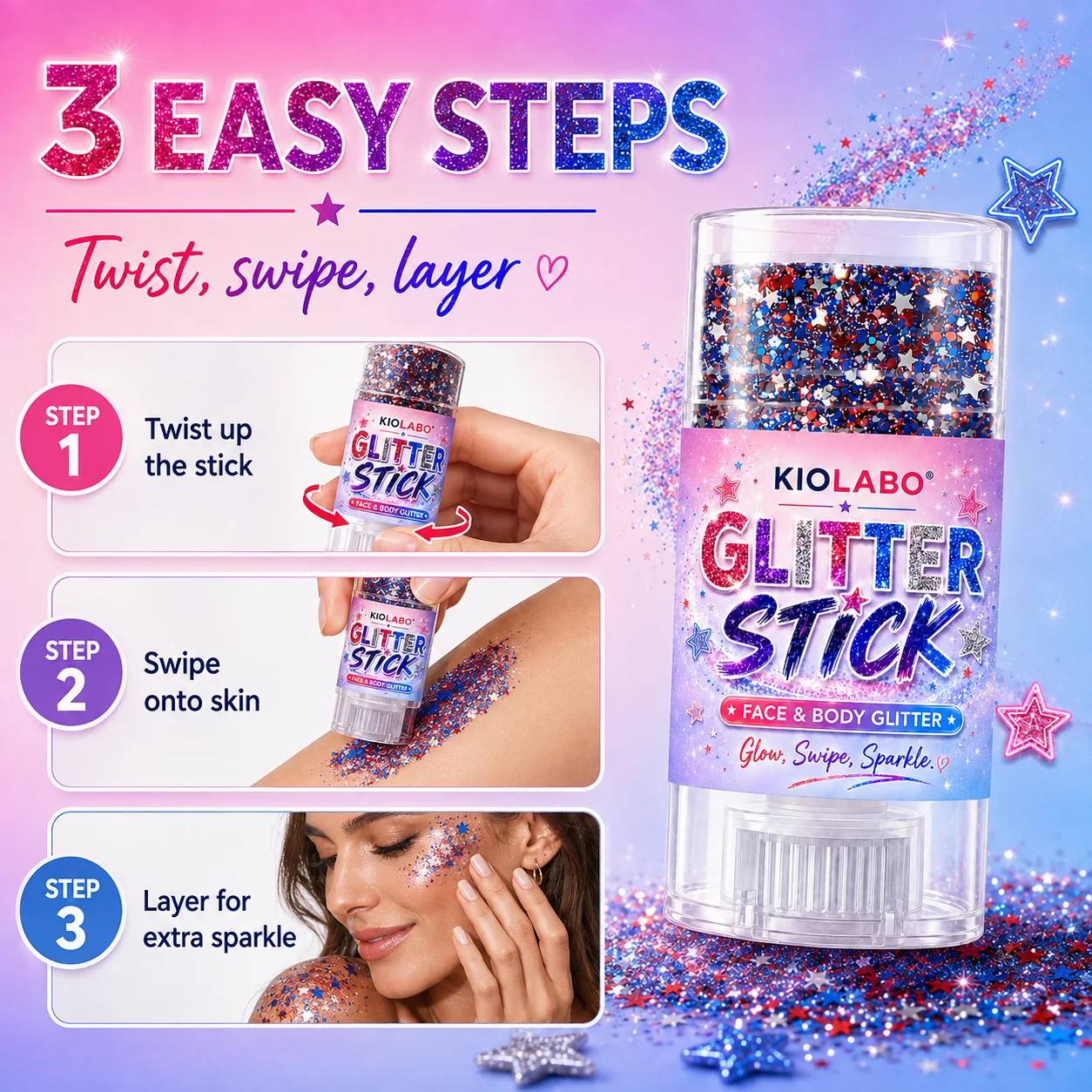 Kiolabo Face Body Hair Glitter Stick,Sparkly Star Sequins Cosmetic Glitter for Halloween Carnival Party Decoration
