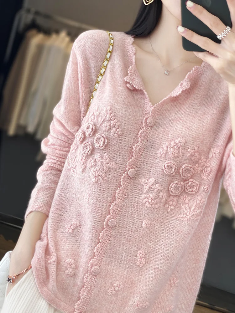 Women\'s 100% Pure Cashmere Cardigan, Round Neck, Hand-Embroidered, Crochet Loose, Lazy Sweater, Knitted Coat, Fall, Winter