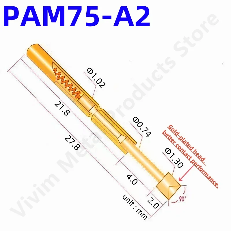 

100PCS PAM75-A2 Spring Test Probe PAM75-A Test Pin Test Tool 27.8mm Dia 1.02mm Gold Needle Tip 1.30mm Pogo Pin PM75-A PM75-A2