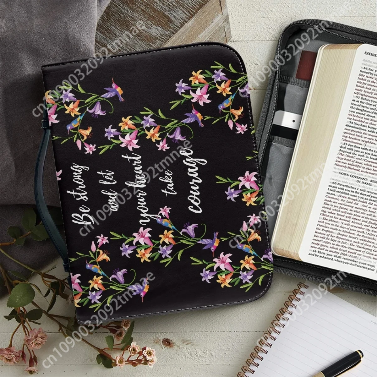 

Flower Motivational Word Printing Bible Bag Learning Bible Protection Storage Bags Universal Leather Handbags for Women Custom