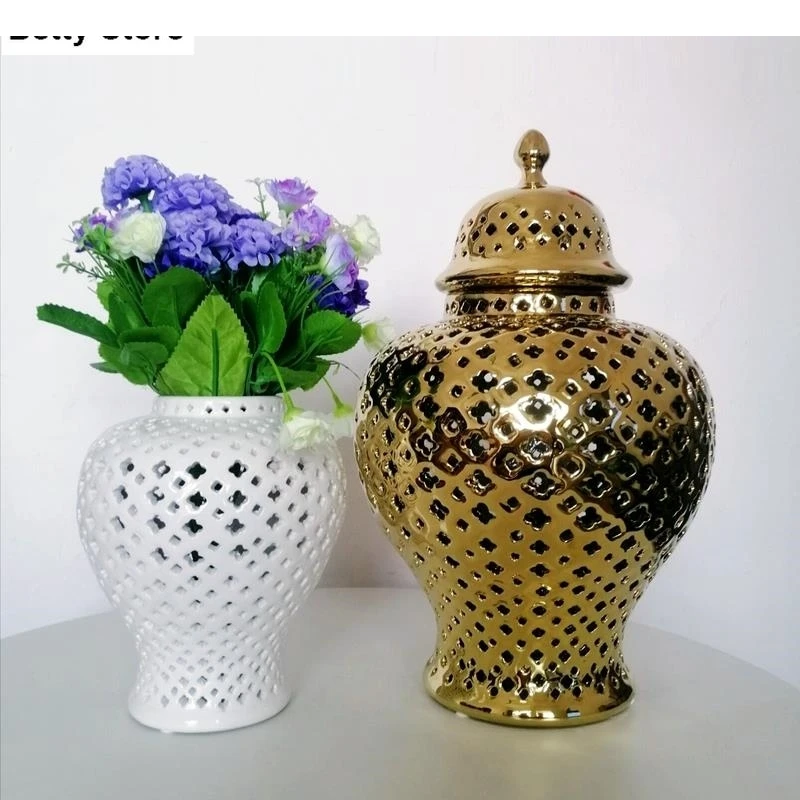 Hollow Ceramic Storage Jar Flower Arrangement Vase Table Top Decoration Electroplating Golden General Crafts Modern