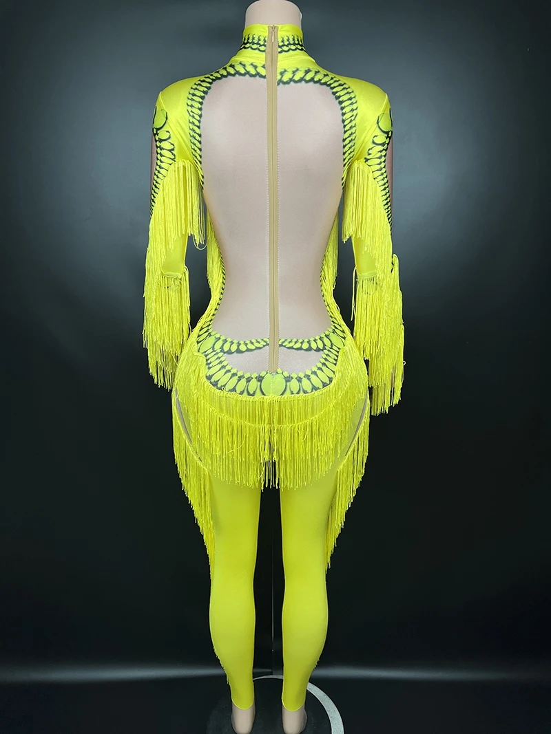 Yellow Tassel Stretch Jumpsuit Nightclub Gogo Dance Clothing Dj Rave Outfit Pole Dance Costume Singer Performance Wear VDB7707