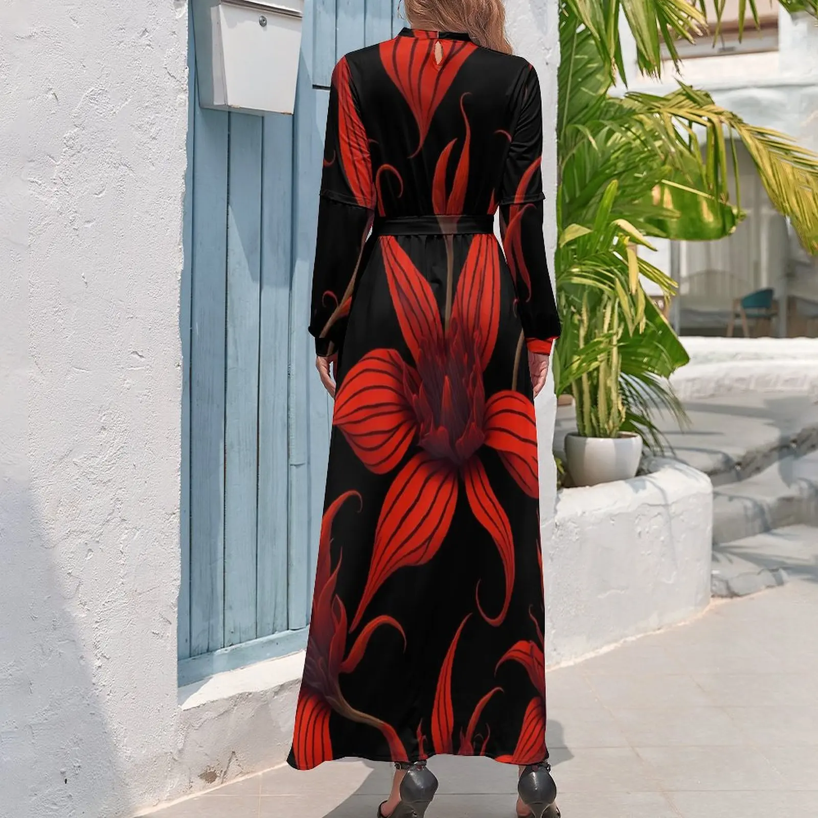 Tiger Lily Floral Dress High Neck Red Flower Printed Boho Beach Dresses Long Sleeve Casual Long Maxi Dress Sexy Vestidos