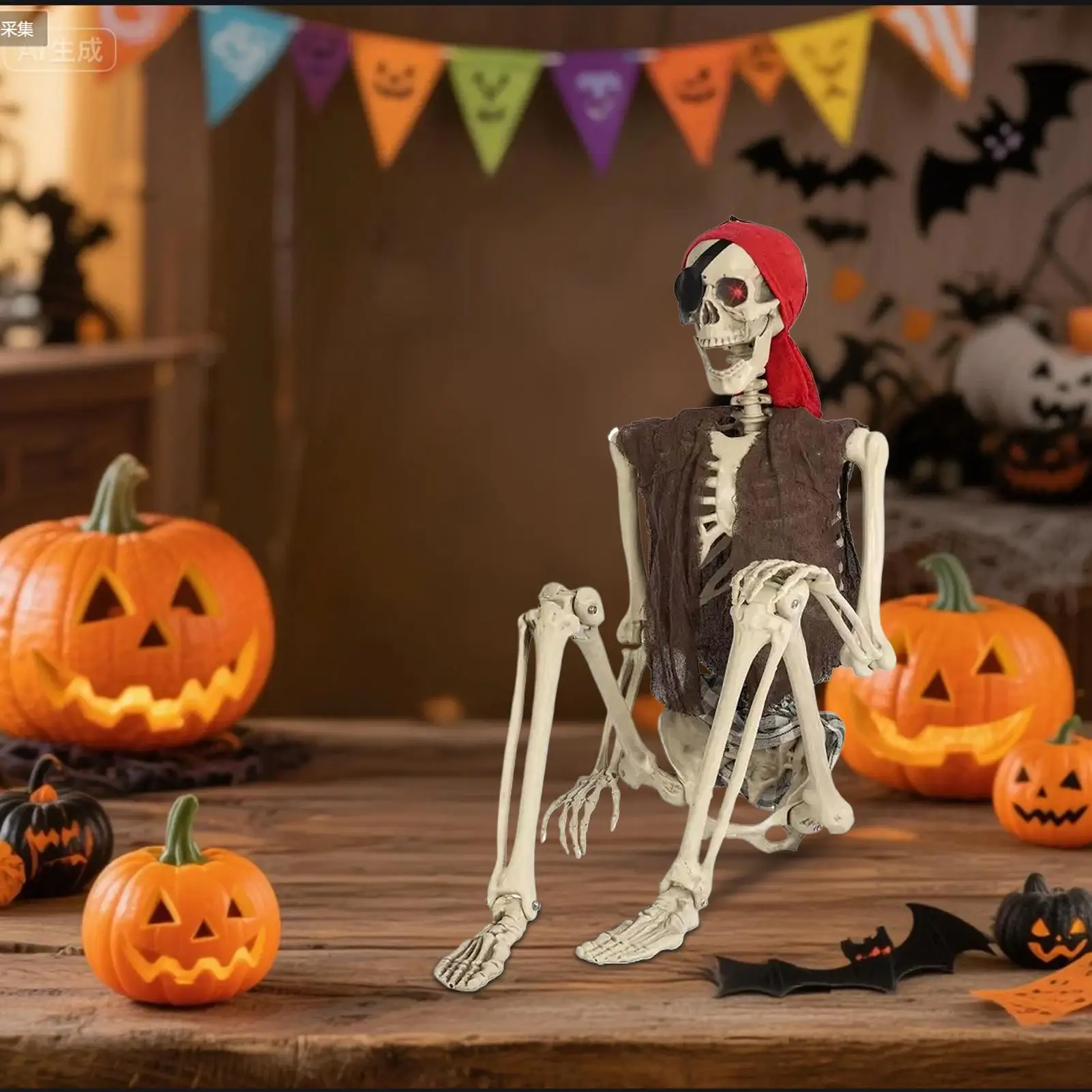 Esqueleto de Halloween posable, esqueleto de pirata de Halloween, decoración espeluznante para jardín, patio, casa embrujada, fiesta, porche frontal, foto escolar