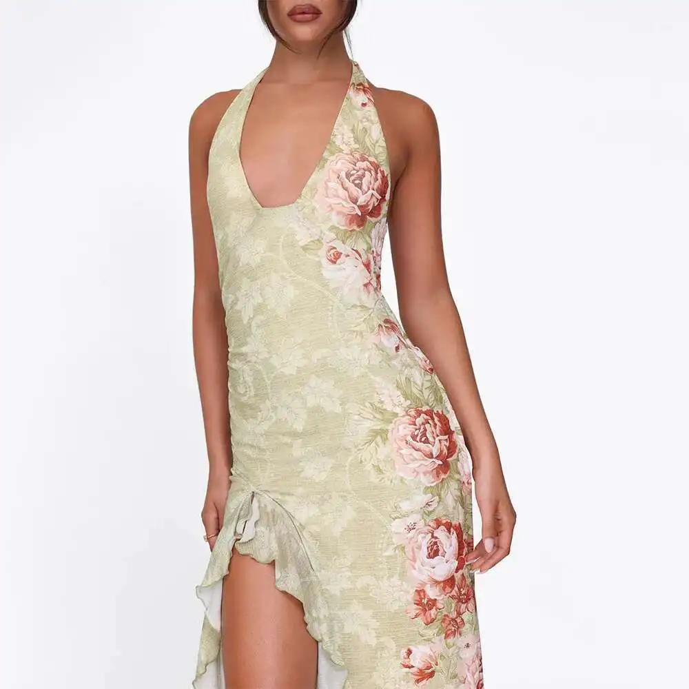 

Neck Hanging New Printed Long Skirt for Women, Fashionable and Sexy, Backless, High Slit Irregular Dress Vestido Women Party