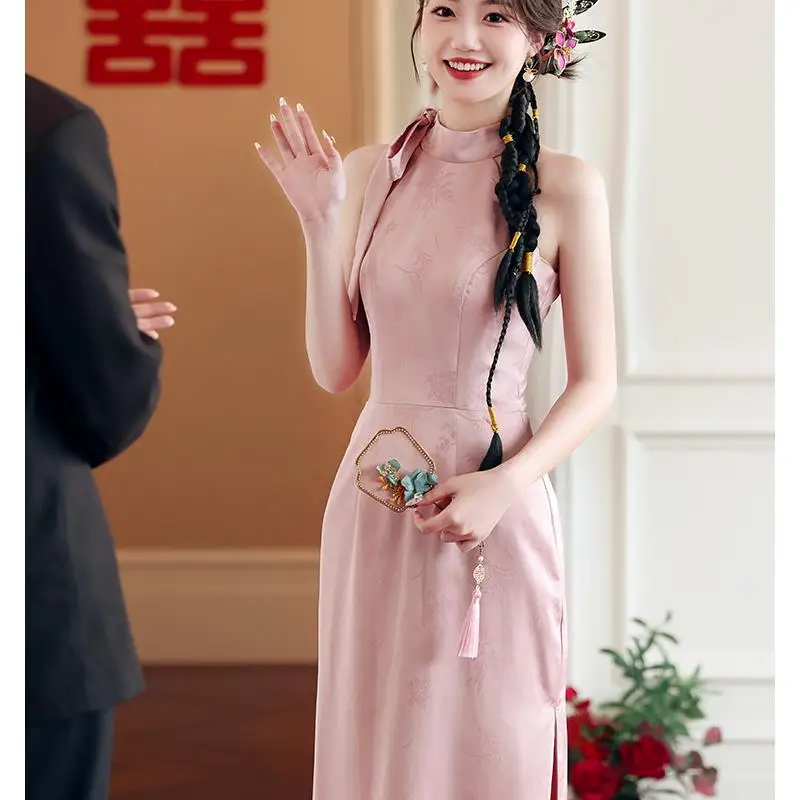 

Розовый китайский винтажный женский летний халат для помолвки, свадьбы, утренний, для церемоний и праздничных мероприятий
