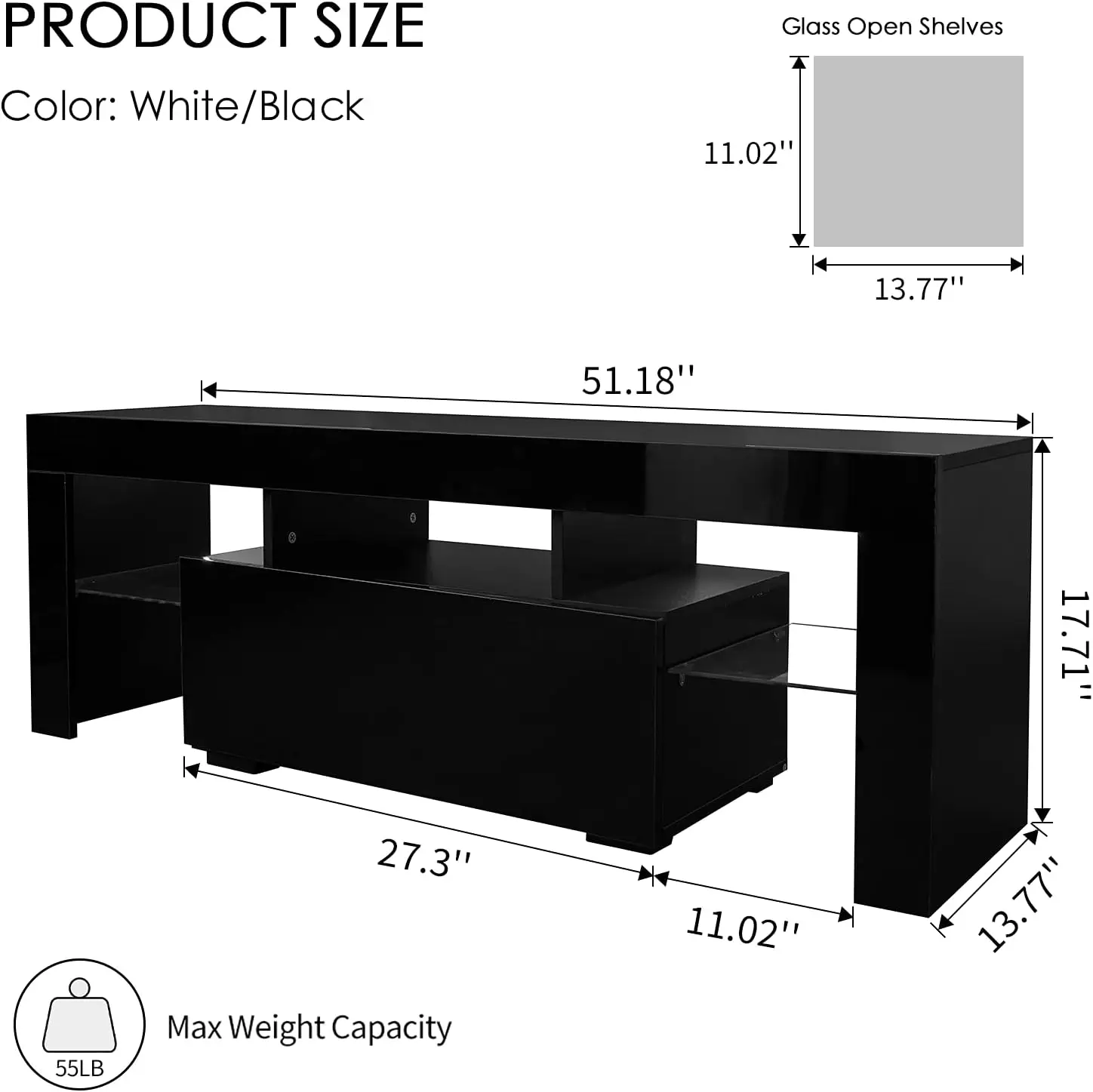 WERSMT Black TV Stand with LED, Entertainment Center with Drawer for 55 60 Inch TV, Modern High Gloss TV Console Cabinet