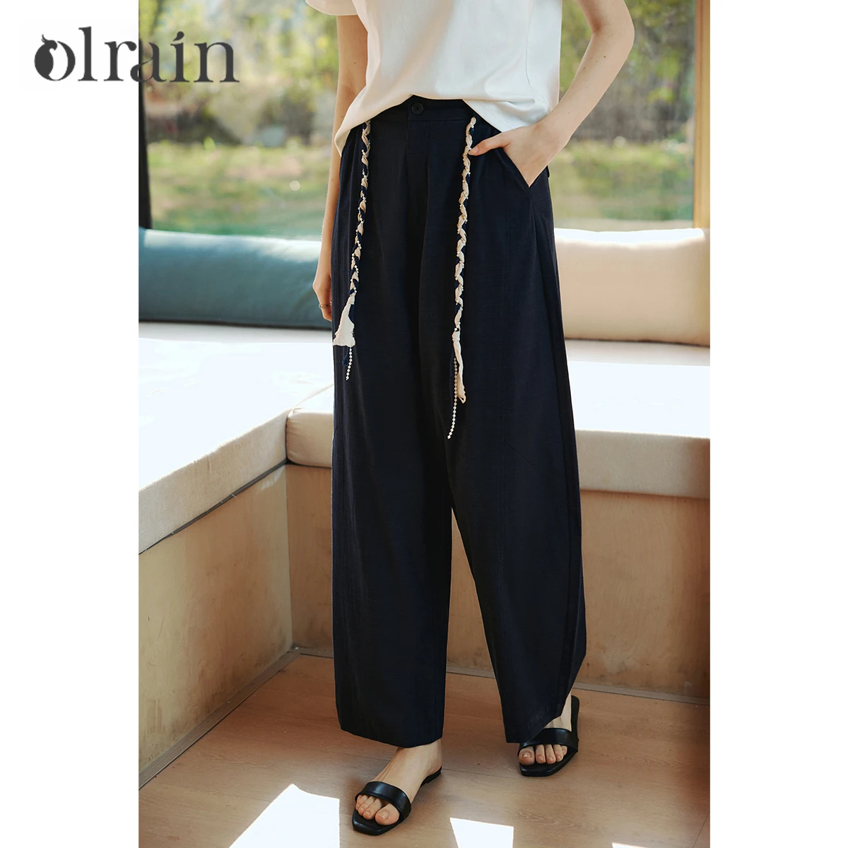 OLrain Versatile Casual Women's Pants 2026 Summer Fashion Beaded Belt Navy Blue Simple Commuter Straight Trousers O58XK005899