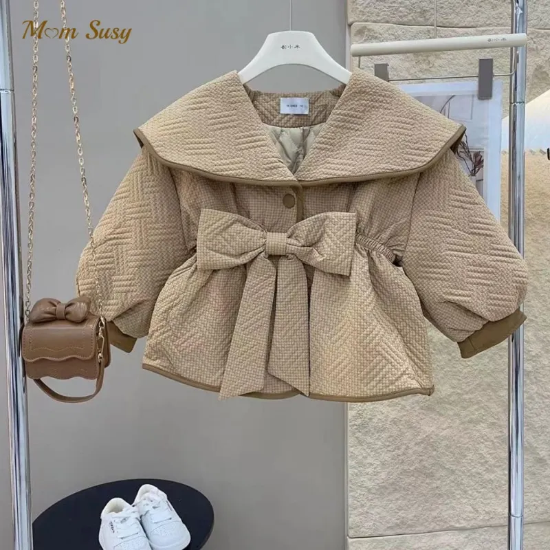 Fashion Baby Girl Princess Cotton Padded Jacket Spring Autumn Winter Child Bow Coat Waist Outwear Solid Color Baby Clothes 1-8Y