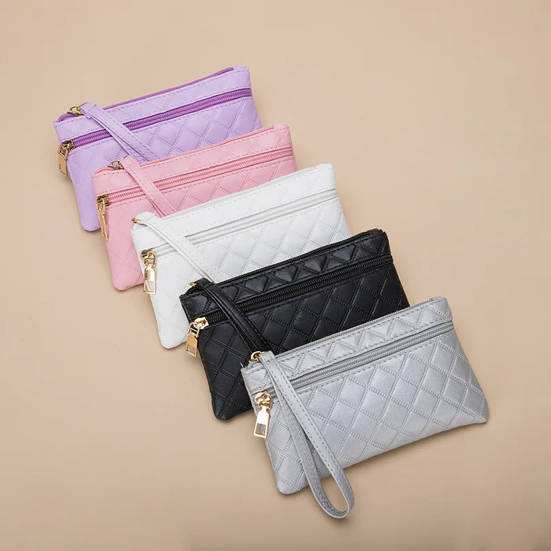 5PCS Change Purse Woman Solid Color Long Double Zipper Bag Holding Mobile Phone Bag Large Capacity Bank Card Coin Wallet