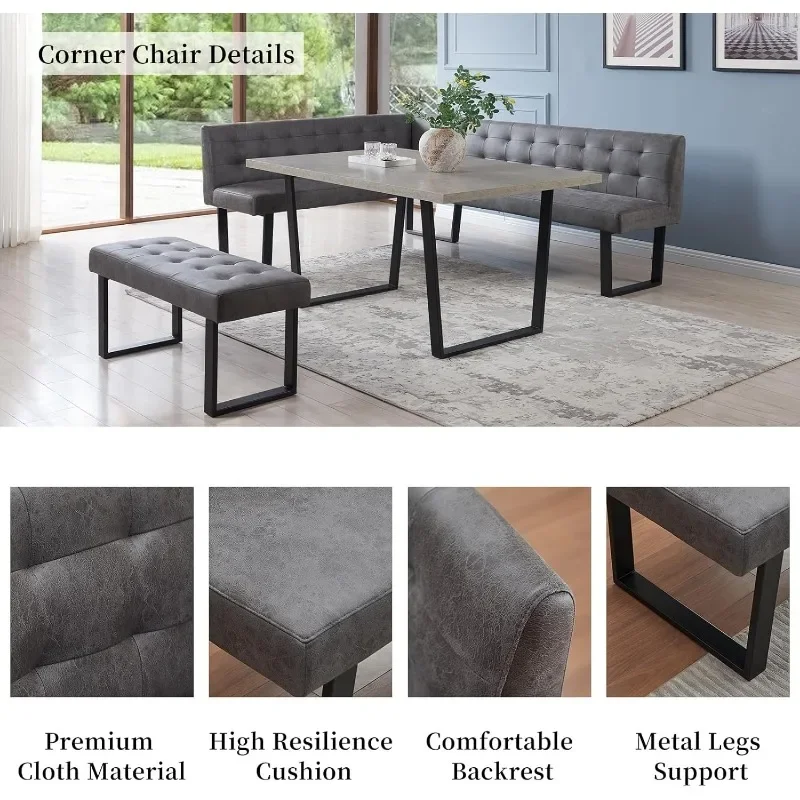 3 Piece Dining Table Set with Gray Bench, 42.9 Inch Modern Kitchen Table with Right Seat Corner Bench and 43.3 Inch Bench