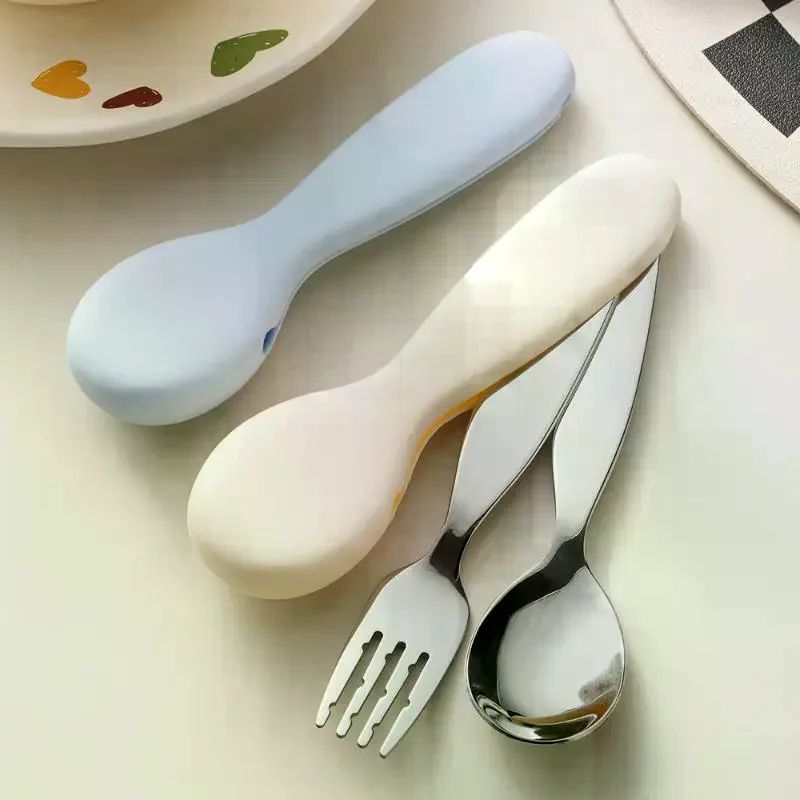Steel Toddler Spoon And Fork Set BPA Free Silicone Storage Cases For Kids Self Feeding Home Travel Use Stainless