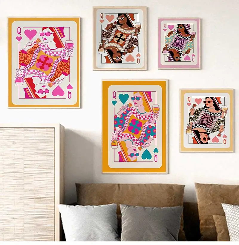 Queen of Hearts Playing Card Poster Trendy Leopard Canvas Painting Gallery Wall Art Bar Cart Girls College Dorm Room Decor Gift