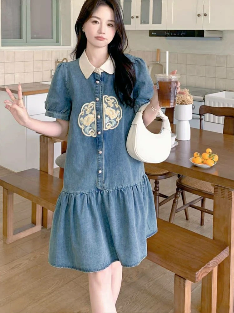 New Women Clothing 2024 Summer Slim Female Vestidos POLO Collar Embroidery Dress Retro Denim Loose Puff Sleeve Mid length Skirt