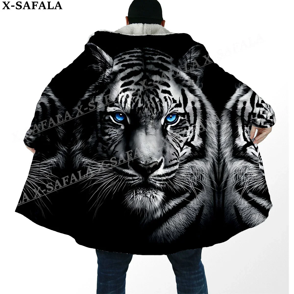 Mythology Tiger The King Spirit Thick Warm Hooded Cloak Men Overcoat Coat Windproof Fleece Cape Robe Hooded Blanket-80