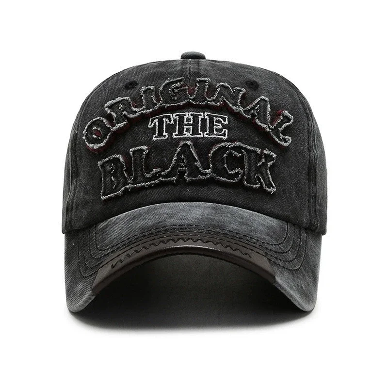 1 unisex all season wearing pure cotton washed Retro Leather splicing cloth pasting large embroidery black baseball cap