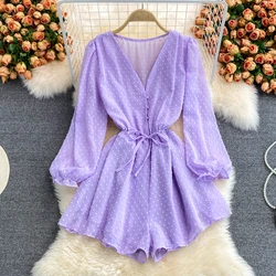 Spring Autumn New Lantern Short Sleeved Women's Jumpsuit Vintage Sweet Solid V-Neck Female Clothing Waist Slim Versatile Dresses