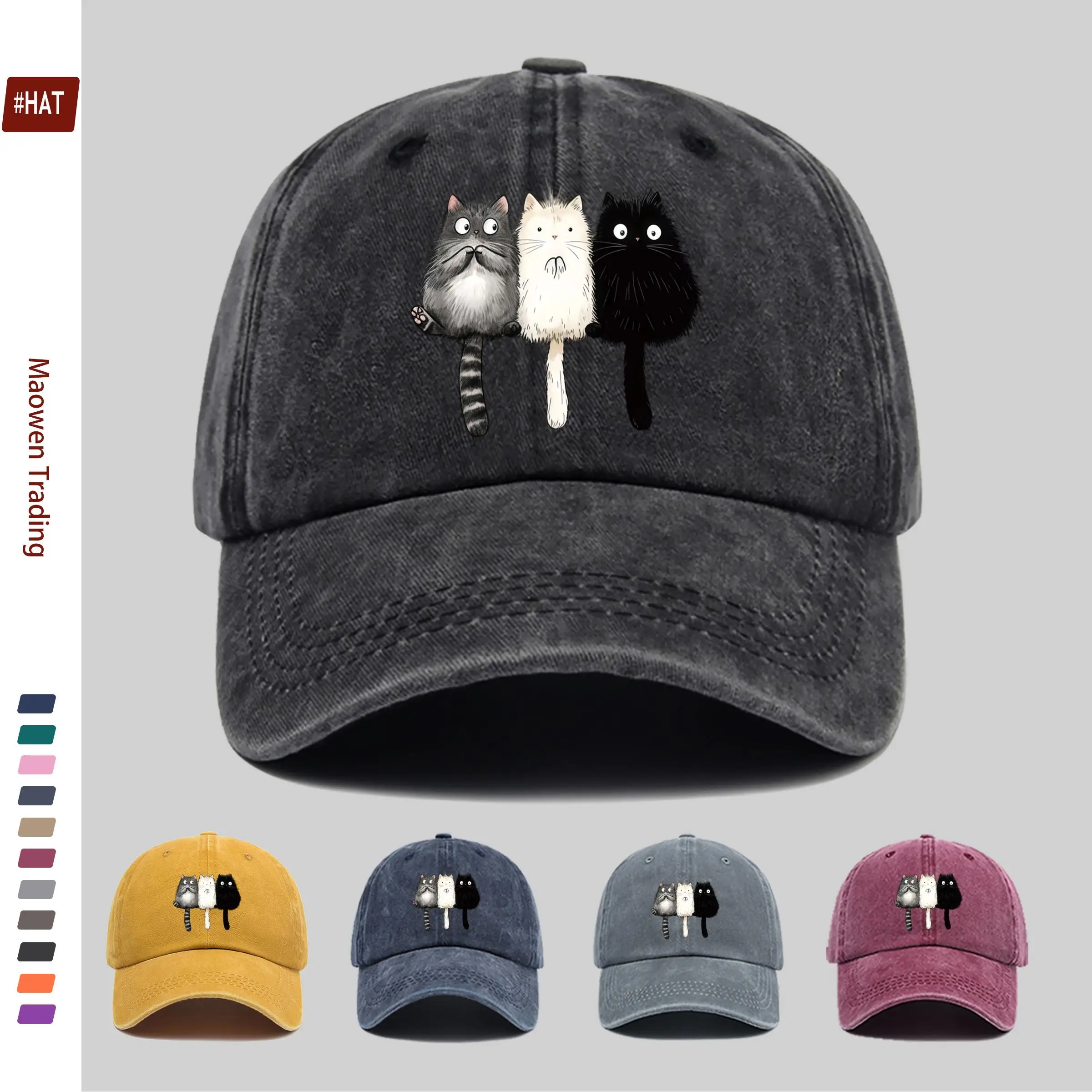 1pc Baseball Cap with Three Cats Sitting Together Print, Suitable for Daily Casual Outfits, Sun Hat, Comfortable and Lightweight