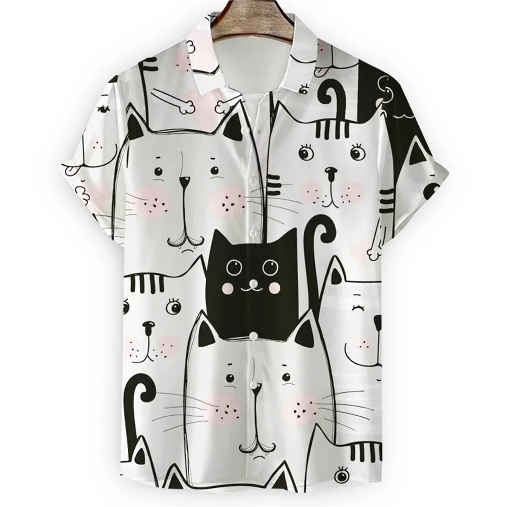 Men\'s Shirt Cute Cartoon Cat 3D Printed Casual Fashion Women Short Sleeves Shirts Button Lapel Tops Oversized Unisex Clothing