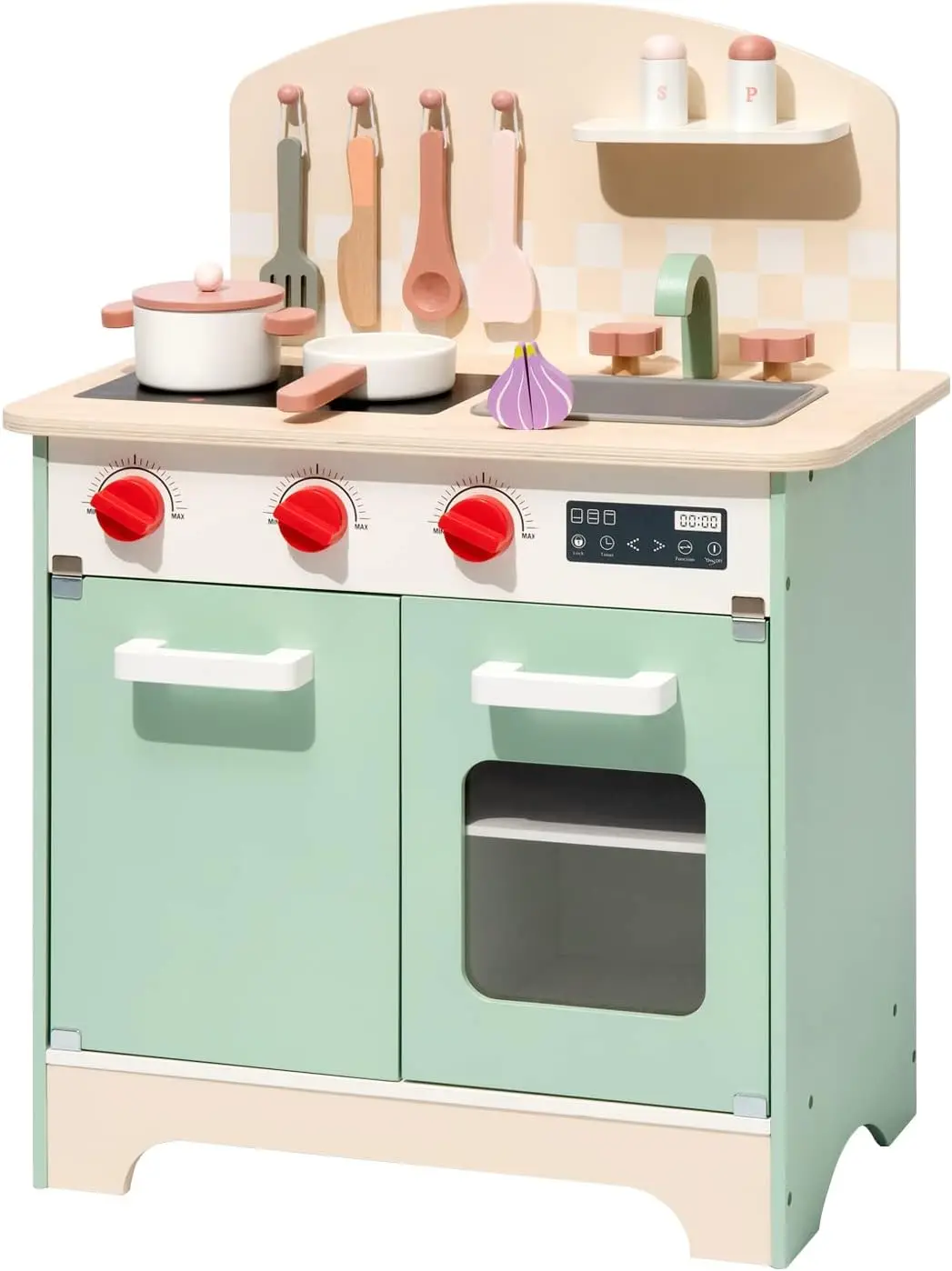 Robotime Robud Wooden Play Kitchen Realistic Kitchen Set Wood Chef Pretend Kids Kitchen Playset for Kids Boys Girls 3+ Green