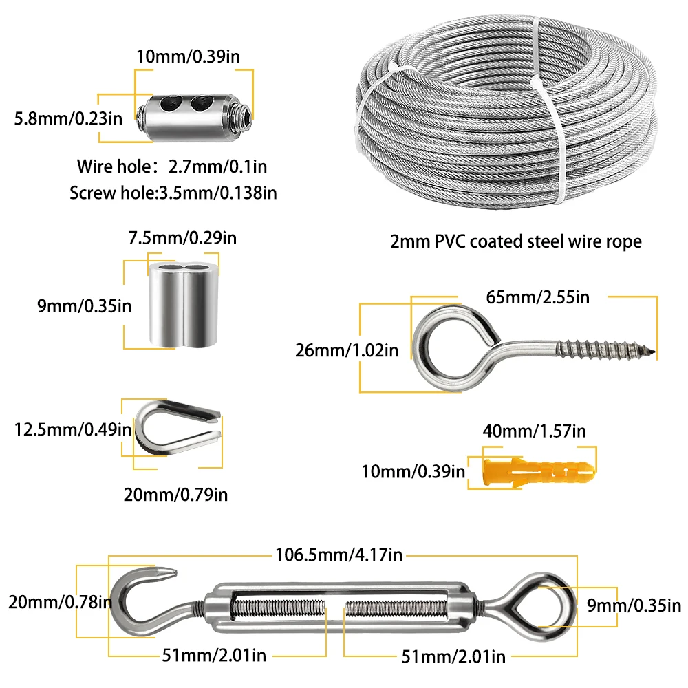 Camping-Wäscheleine Camping-Seil-Set Camping-Seilspanner Edelstahl-Drahtseil-Set 2mm Set 51 Zubehörteile – Detail 1