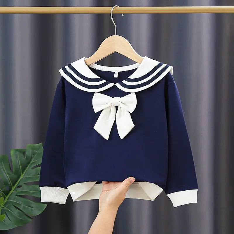 Kids Girls Tops Spring Autumn Cotton Navy Collar Bow Hoodies for Teenager Girls Casual Loose Hooded Sweater Children\'s Clothing