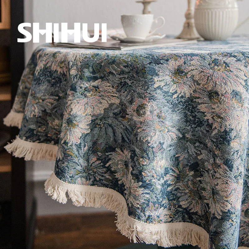 Tablecloth Wedding Table American Blue Oil Painting Jacquard Christmas Round Coffee Table Cover Thick Table Cloth