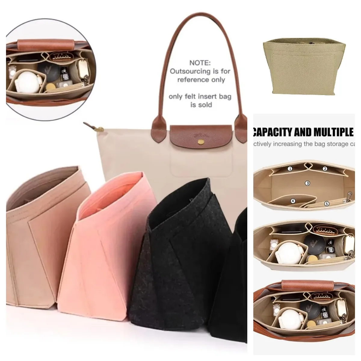 

Тканевая косметичка с поддержкой, дорожная портативная вставка-органайзер для кошелька, фетровая сумка-вставка, подходит для сумки Longchamp, фетровая сумка-вкладыш