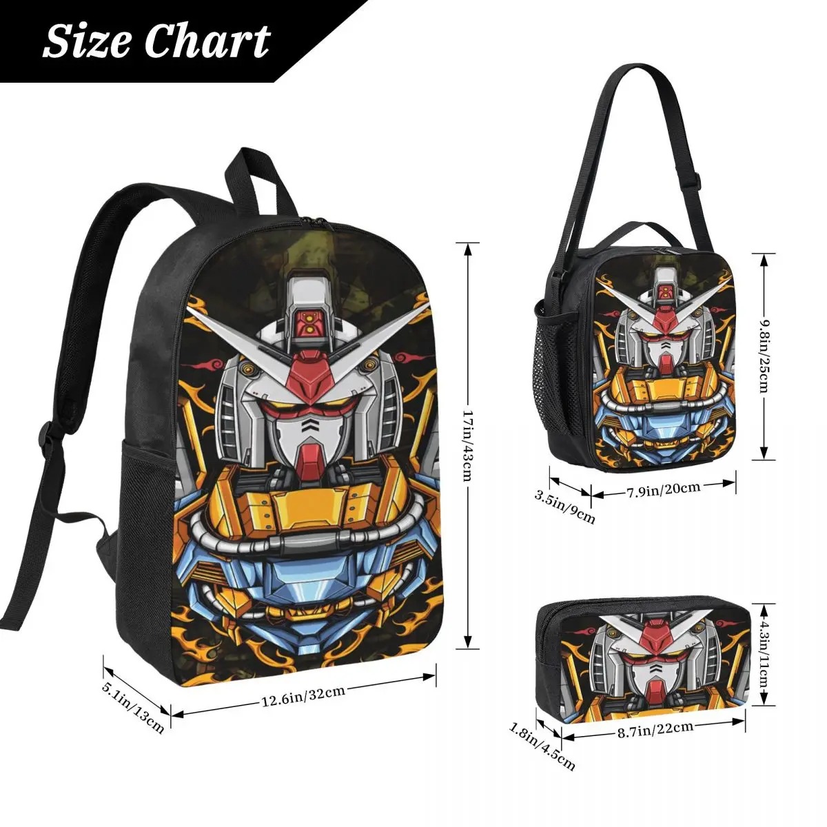 3Pcs Mobile Suit Gundams merch Backpack Set for Girls Boys Pencil Boxes Bookbag Sets with Lunch Box For School Students Knapsack