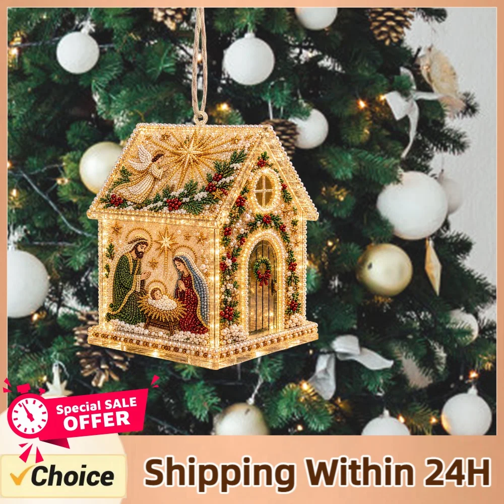 DIY Diamond Art Christmas Cottage Ornament Kit with Hanging Loops Acrylic House Rhinestone Painting Kit Handmade Art Craft Set