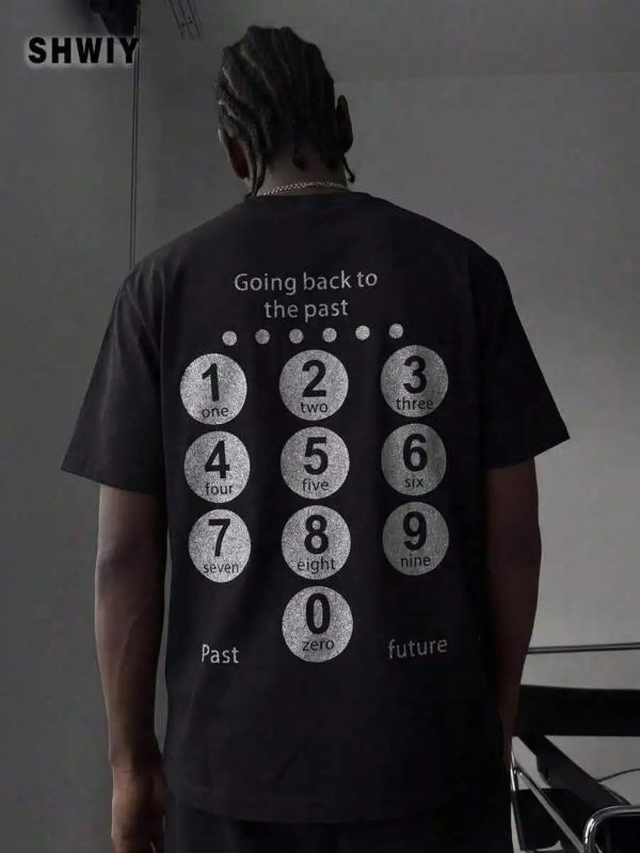 

Футболка с графическим принтом, хлопковая, больших размеров, мужская, в уличном стиле, с эффектом серебряной фольги, черная, короткая