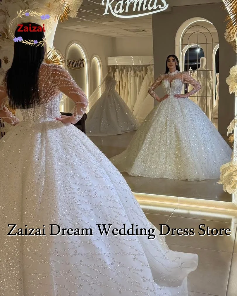 Customized Gorgeous Long Sleeves Wedding Dress for Women Sequins Appliques Bridal Gown High-Neck Bridal Dress Vestido De Novia