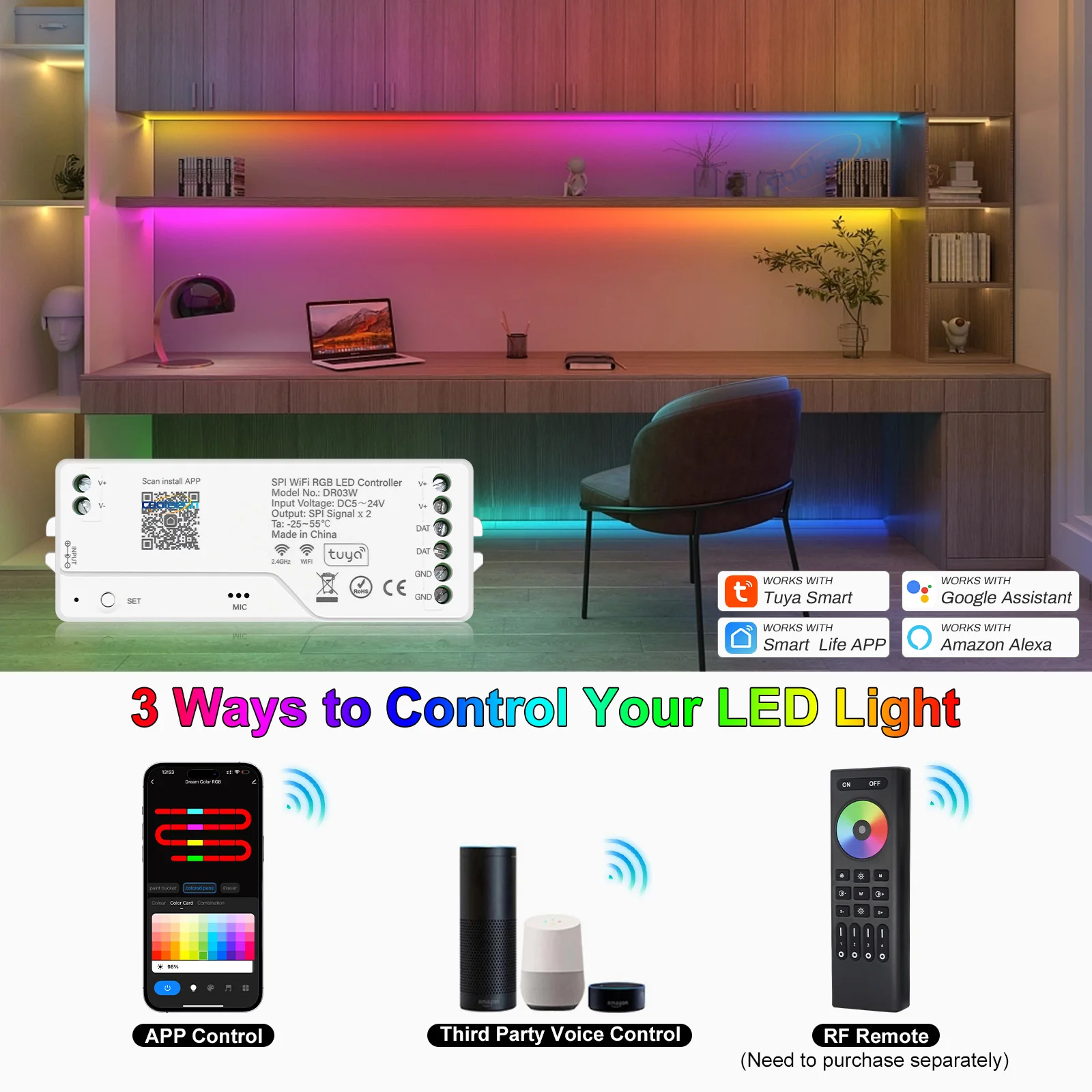 

Tuya WiFi SPI RGB LED Controller WS2811 WS2812B Addressable RGBIC LED Strip Dimmer RF Remote Control LED Controller 5V 12V 24V