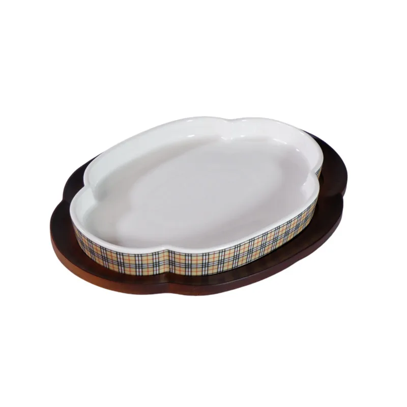

Hui pattern ceramic with wooden base combination tableware cold dish plate