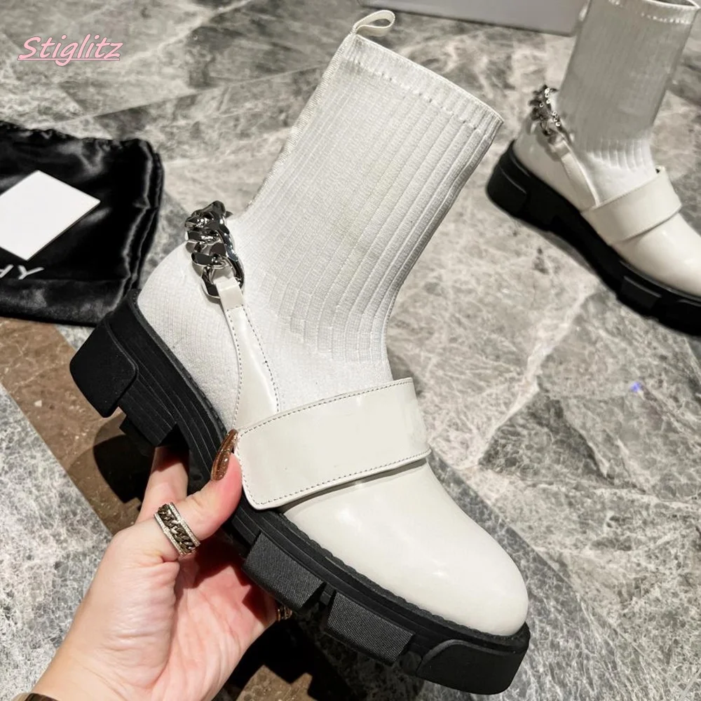 

2024 White Ankle Boots Women's New Arrival Platform Luxury Round Toe Slip-On footwear Solid Elasticity Suede Office Shoes