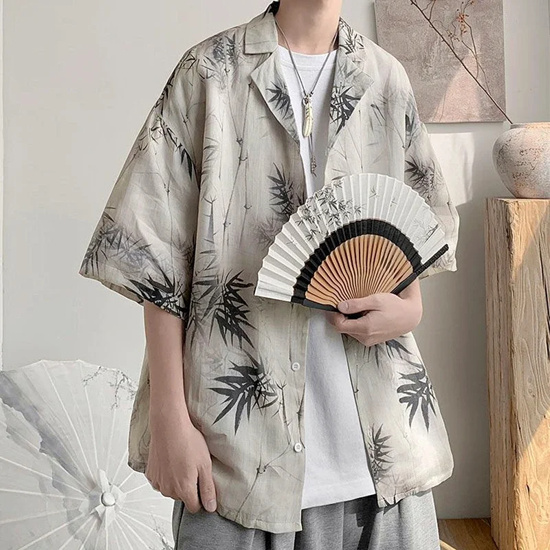 Harajuku Retro Y2K Aesthetic Bamboo Wash Paint Shirt Men's Summer Loose Button Up Blouse 3XL Oversized Short Sleeve Lapel Tops