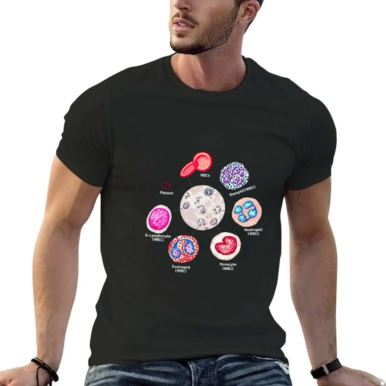 Blood cells. RBCs. WBCs, Basophil, Platelet, thrombocyte, Neutrophil, B-Lymphocyte, Monocyte, Eosinophil. T-Shirt