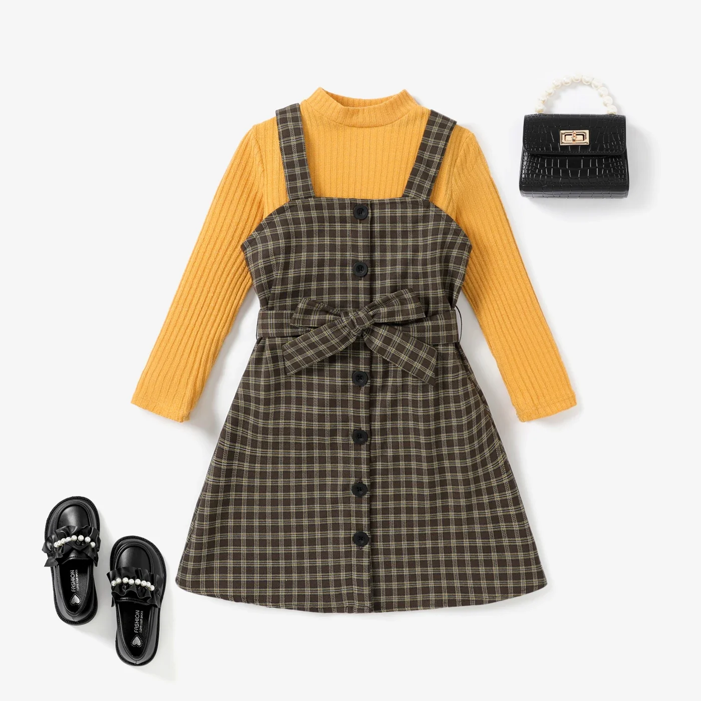 PatPat 3PCS Kid Girl Secret Button Sweet Top / Grid/Houndstooth Skirt skin texture Casual/Outdoor Sweet Outing-Vintage