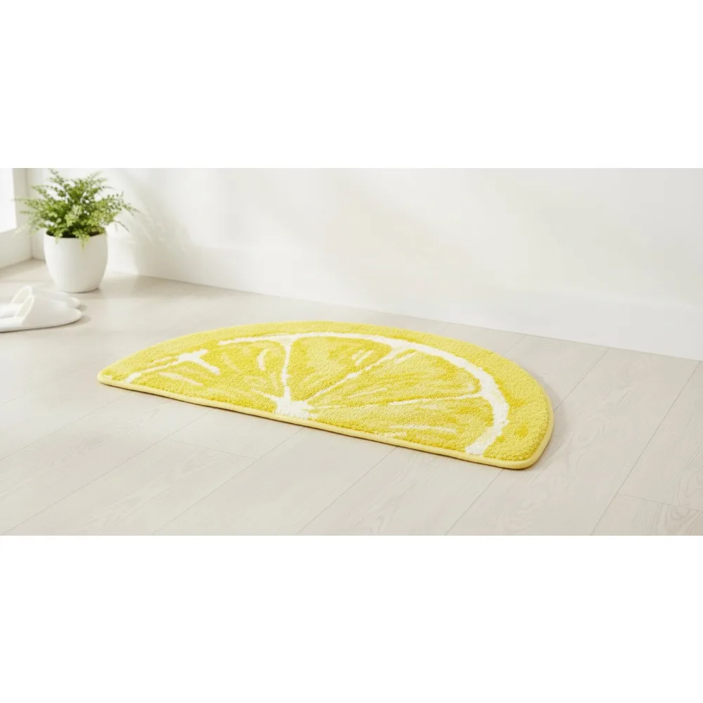 

Lemon Half Circle Bath Mat, Absorbent Non-Slip Floor Mat, Machine Washable Yellow Bathroom Rug